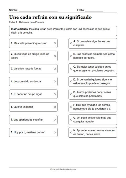 Vista previa de la ficha 1: Une cada refrán con su significado