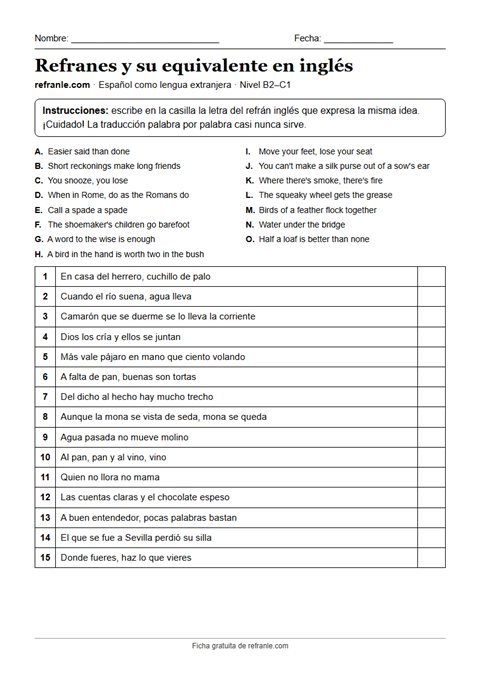 Vista previa de la ficha en PDF: refranes españoles y equivalentes en inglés