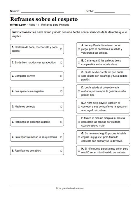 Vista previa de la ficha en PDF: refranes sobre el respeto