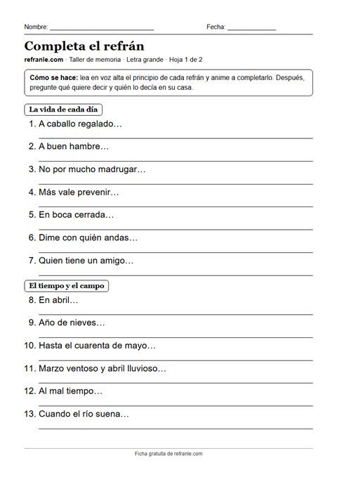 Vista previa de la ficha en PDF: completa el refrán, con letra grande